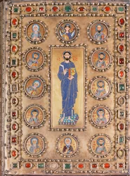 Book cover depicting Christ Blessing, with roundels depicting saints