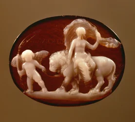 Cameo of Venus seated on a lion led by Cupid