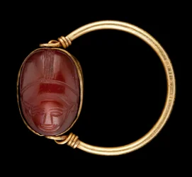 Carnelian Scarab with Human Face Set in a Gold Ring