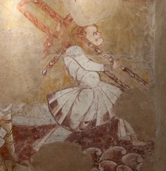 Church (Église Saint-Martin). Interior. Wall paintings. North wall of the choir. (detail) Simon of Cyrene carrying the cross. 12th century.
