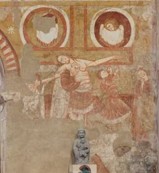 Church (Église Saint-Martin). Interior. Wall paintings. West wall of the nave. (detail) Descent of the cross. 12th century.