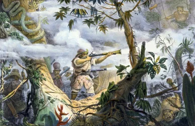 "Civilized" Indians fighting Botocudos Indians, Brazil