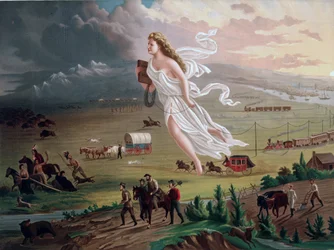 Concept of Manifest Destiny: Allegorical female figure carrying electric telegraph wire, leads American pioneers and railroads westwards, Native American Indians and buffalo and bear retreating before them