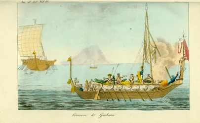 Corocoro boat with sails and oars from the island of Guebe, Maluku Islands, Indonesia