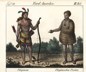 Costume of Powhatan Indians of Virginia (USA): a warrior and a priest of Secota. Lithography for the book: “Galerie complete en tableaux fideles des peuples d