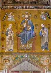 Counter-facade: mosaic Majesty of Christ enthroned between Saints Peter and Paul, XII century, The Palatine Chapel, The Royal Palace or Palazzo dei Normanni, Palermo, Sicily, Italy