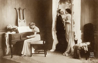 Courting Couple and Young Girl Playing the Pianoforte, Paris, c.1920