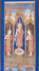 Crowned Buddha Flanked by Two Standing Disciples
