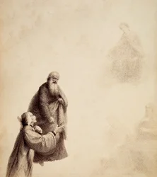 Dante, assisted by St. Bernard, sees Beatrice seated on a throne amidst the blessed, in a halo of light. Illustration of Canto XXXI in Paradiso of The Divine Comedy by Dante Alighieri. Work of Francesco Scaramuzza dedicated to the Municipality of Florence