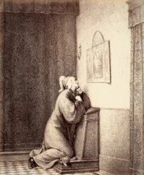 Dante kneeling in prayer, with his gaze directed at a triptych