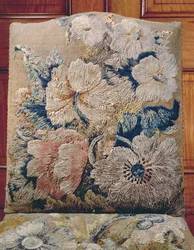 (Detail) Cover Worked by Jane Allgood, Outsize Flowers Rendered in Long and Short Stitch in Crewels and Silk Chenille, Old Gold Background in Tent Stitch