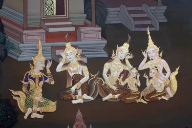 Detail of a mural painting in the Uposatha (shrine hall) of Buddhapadipa temple, Wimbledon, United Kingdom
