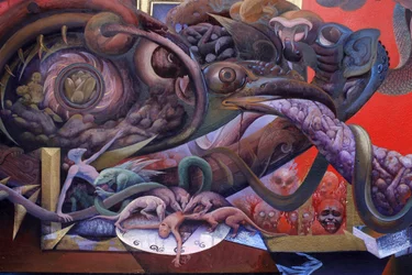 Detail of a mural painting in the Uposatha (shrine hall) of Buddhapadipa temple, Wimbledon, United Kingdom