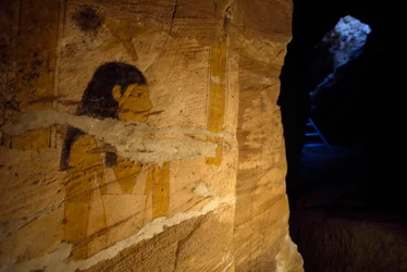 Detail of mural paintings found during excavations in Tomb of Governor, Valley of Golden Mummies, Bahariya Oasis, Giza, Egypt