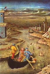 Divine Comedy: Dante and Virgil, carried by Charron, meet the damned Filippo Argenti (miniature)