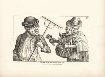 Drunken farmer Jones buying the entire stock of wooden tools from old squinty-eyed Nan. Copperplate engraving after a satirical illustration by Timothy Bobbin (John Collier) from Human Passions Delineated, John Haywood, Manchester