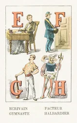 E - Writer; F - Postman; G - Gymnast; H - Halberdier - Childish Alphabet, Editions Gordinne 1920