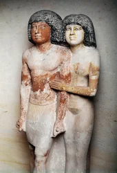 Egyptian Antiquity: Sculpted Limestone Group of Raherka and Meresankh, Chief of the Scribes and His Wife - 5th Dynasty, Ancient Empire