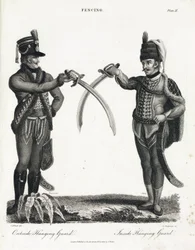 Fencing: open guard in supination and closed guard in supination, performed by Swiss and Prussian officers