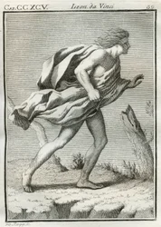 Study of a man walking against the wind, with clothes and hair disheveled by gusts and body leaning forward. Engraving from 