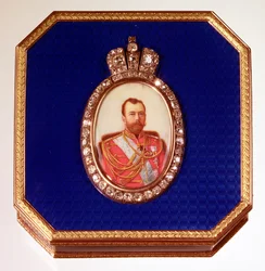 Faberge Blue Enamel Box, with Portrait of Tsar Nicholas II