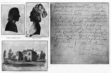Facsimile of a Gretna Green Marriage Certificate with portraits of the couple, James Pilkington and Ann Clarke, married on December 16