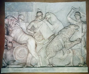 Fight between beasts and gladiators, Bas-relief, Villa Torlonia, Rome