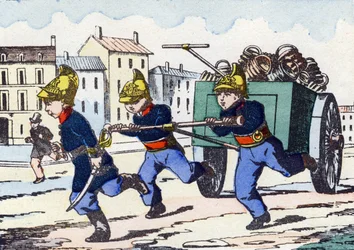 Firefighters. Engraving in "Alphabet militaire enfantin". Imagery of Pont-a-Mousson, circa 1890