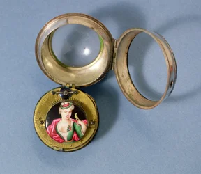 French pocket watch with bracket bearing an enamel portrait of a girl and a canary, enclosed in a silver case, by J.Jacque Andre Bosset, c.1700