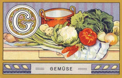 G: Vegetables - Alphabet Palmin. Series of chromolithographs published by H. Schlinck & Co, Hamburg. Advertisement for Palmin finest coconut fat. Dimensions: 7 x 11 cm
