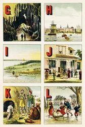 G H I J K L: Grotto, Hamburg, Island, Japan, Kabylie, Lake - Engraving from Alphabet Geographique. Guerin-Muller et Cie, publishers, Paris