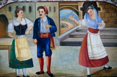 Gallant scene with costumed characters, wood panel painting (detail)