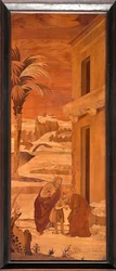 Genoa, Duomo (St Lawrence Cathedral), inside, apse, choir, North side: "St John the Baptist takes leave from his family", wood intarsia by Vincenzo e Tommaso Garassino (XIX century)