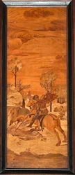 Genoa, Duomo (St Lawrence Cathedral), inside, apse, choir, South: "St George and the dragon", wood intarsia by Vincenzo e Tommaso Garassino (XIX century)