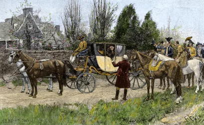 George Washington greeted by his neighbors when he left Virginia to assume his duties as president of the United States in 1789