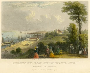 Germany, Hamburg, Elbhoehe, view from the Stintfang to the Elbe river, oldcoloured steel engraving from A. H. Payne, Leipzig, published by G. W. Niemeyer, about 1850