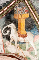 Gothic fresco; Eleazar Awaran kills the War Elephant Soliman and is crushed by it; 3. Cloister; Cathedral; Brixen; South Tyrol; Italy; Europe