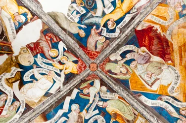 Gothic fresco; praising of the virtue; censure of vice; with writing; 10. cloister; Cathedral; Brixen; South Tyrol; Italy; Europe