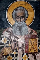 Ancient Byzantine Frescoes, Mural of Bishop Nicholas, Church of Agios Nikolaos, Greece