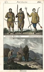 Greenland dwellers wearing skins and one Inuit from Labrador (Canada) with a trident. Below is a daily scene of Inuit family life in front of an igloo, a tent and a canoe, North America. Lithography for the book: “Galerie complete en tableaux fideles des p