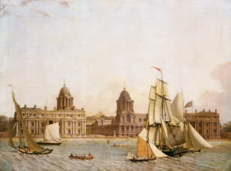 Greenwich Hospital, from Isle of Dogs, with the navigation of a variety of boats on the river