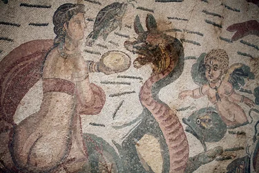 Hall of Arion. Marine scene. Marine creatures. Nereides and tritons. 3rd - 4th century. Roman Villa of the Casale, Sicily. UNESCO site.