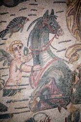 Hall of Arion. Marine scene. Marine creatures. Nereides and tritons. 3rd - 4th century. Roman Villa of the Casale, Sicily. UNESCO site.