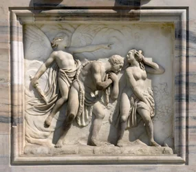 High relief depicting Adam and Eve Chasse du Paradise by Carlo Maria Giudici. 1791. Cathedral of Milan, Italy