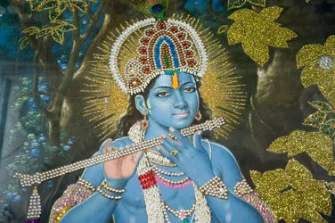 Hinduism; Painting of Lord Krishna with Flute; Durgiana Mandir Vishnu Temple; Amritsar; Punjab; India; South Asia; Asia