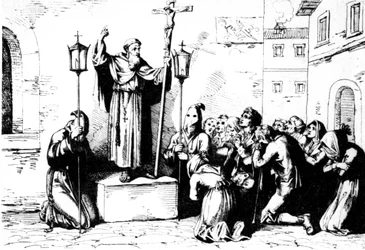 A Friar Preaches to the People in a Square in Rome (Bartolomeo Pinelli Engraving XIX Century)
