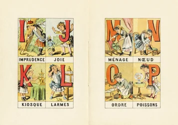 I: Imprudence; J: Joy; K: Kiosk; L: Tears; M N O P: Household, Knot, Order, Fish - Engraving from ABCD of Little Girls. Pellerin & Cie, Epinal, c.1890