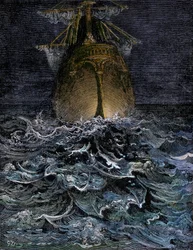 I watched the sea in decomposition, the hull of a ship on the sea at night - Illustration by Gustave Dore for "La Lournte du vieux sailor" by Samuel Taylor Coleridge - Colorized engraving