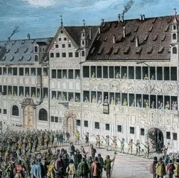 In front of the Fugger house on the Weinmarkt in the city of Augsburg, the people render homage to Swedish king Gustav Adolf