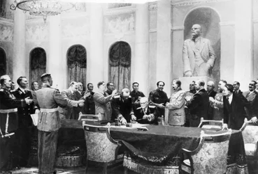 In the Name of Peace, Depicting the Signing of the Treaty of Friendship, Alliance, and Mutual Assistance Between the Soviet Union and the Chinese People